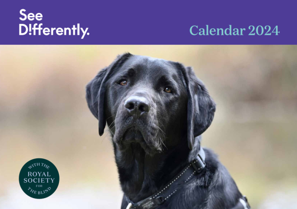 Black dog looking at the camera. See Differently logo on the top of the calendar. Text to the side Calendar 2024