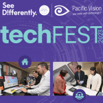 A flyer with two pictures of people interacting with technology. See Differently logo and Pacific Vision logo are up the top. The words TechFest 2023 are spread across the flyer.