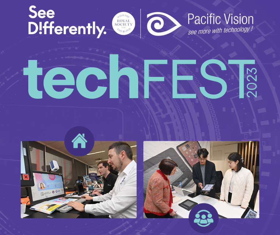 A flyer with two pictures of people interacting with technology. See Differently logo and Pacific Vision logo are up the top. The words TechFest 2023 are spread across the flyer. 